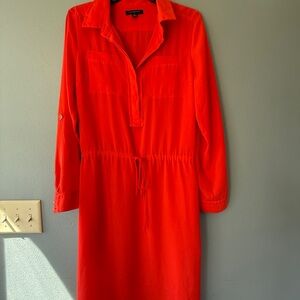 Banana Republic Vibrant Red Long Sleeve Drawstring Shirt Dress